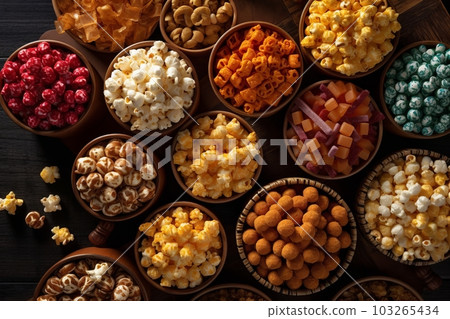 An image showcasing different flavors of popcorn, such as caramel, cheese, and butter, arranged in vibrant and colorful patterns, appealing to different tastes and preferences. Generative AI 103265434