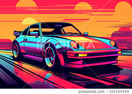 A vector illustration of a retro sports car with bold lines, vibrant colors, and a futuristic aesthetic, representing the iconic cars of the 80s. Generative AI 103265439
