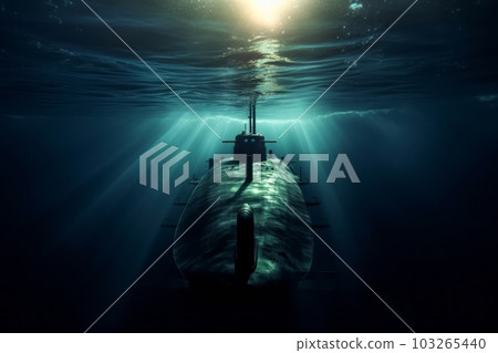 An underwater image of a sleek and powerful military submarine gliding through the depths of the ocean, surrounded by a beautiful play of light and shadows. Generative AI 103265440