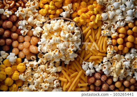 An image showcasing different flavors of popcorn, such as caramel, cheese, and butter, arranged in vibrant and colorful patterns, appealing to different tastes and preferences. Generative AI 103265441