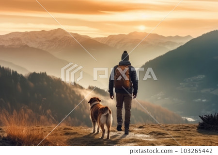 Man with a backpack hiking with his beautiful dog in the mountains. Concept a sense of adventure and freedom. Generative Ai 103265442