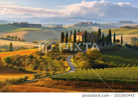 A serene image of the Tuscan countryside, with rolling hills, vineyards, and cypress trees, depicting the tranquility and beauty of the region. Generative Ai 103265443
