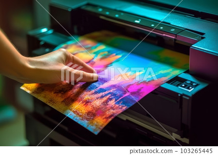 Hand holding a freshly printed photograph with vibrant colors, showcasing the high-quality output of an ink photo printer. Generative Ai Hand holding a freshly printed photograph with vibrant colors, showcasing the high-quality output of an ink photo printer. Generative Ai 103265445