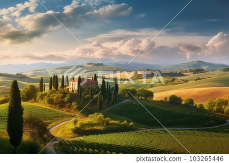 A serene image of the Tuscan countryside, with rolling hills, vineyards, and cypress trees, depicting the tranquility and beauty of the region. Generative Ai A serene image of the Tuscan countryside, with rolling hills, vineyards, and cypress trees, depicting the tranquility and beauty of the region. Generative Ai 103265446