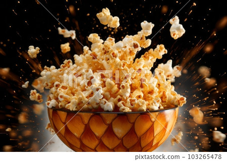 Popcorn exploding from a pan, with kernels flying in all directions, capturing the energy and surprise of popcorn popping. Generative AI Popcorn exploding from a pan, with kernels flying in all directions, capturing the energy and surprise of popcorn popping. Generative AI 103265478
