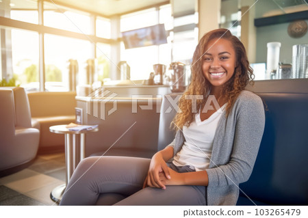 A smiling customer sitting comfortably in the waiting area of a car wash, enjoying complimentary amenities like coffee and Wi-Fi, highlighting the customer-centric experience. Generative Ai A smiling customer sitting comfortably in the waiting area of a car wash, enjoying complimentary amenities like coffee and Wi-Fi, highlighting the customer-centric experience. Generative Ai 103265479