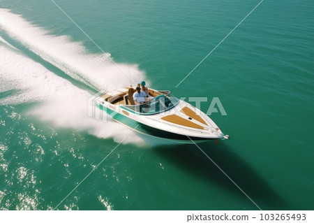 A high-angle shot of a speedboat cutting through the turquoise waters. Generative AI 103265493