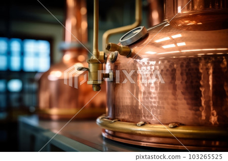 A close-up shot of a vintage copper still used for moonshine production, showcasing the craftsmanship and history behind the process. Generative Ai A close-up shot of a vintage copper still used for moonshine production, showcasing the craftsmanship and history behind the process. Generative Ai 103265525
