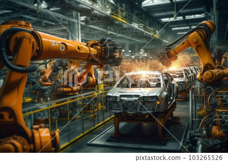 Robotic Arms in Action. Automated welding process. Car Assembly Line Automation and Efficiency. Generative AI Robotic Arms in Action. Automated welding process. Car Assembly Line Automation and Efficiency. Generative AI 103265526