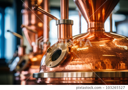 A close-up shot of a vintage copper still used for moonshine production, showcasing the craftsmanship and history behind the process. Generative Ai 103265527