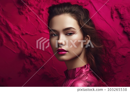 A model wearing makeup with a fuchsia-colored palette, against a plain background, with a sense of bold and playful beauty. Concept of experimentation and creativity. Generative AI A model wearing makeup with a fuchsia-colored palette, against a plain background, with a sense of bold and playful beauty. Concept of experimentation and creativity. Generative AI 103265538
