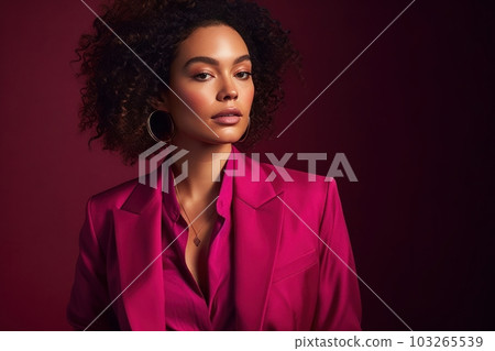 A model wearing a fuchsia-colored outfit, suit, or blouse, against a neutral background, with a sense of bold and confident fashion. Concept sense of style and personality. Generative AI A model wearing a fuchsia-colored outfit, suit, or blouse, against a neutral background, with a sense of bold and confident fashion. Concept sense of style and personality. Generative AI 103265539
