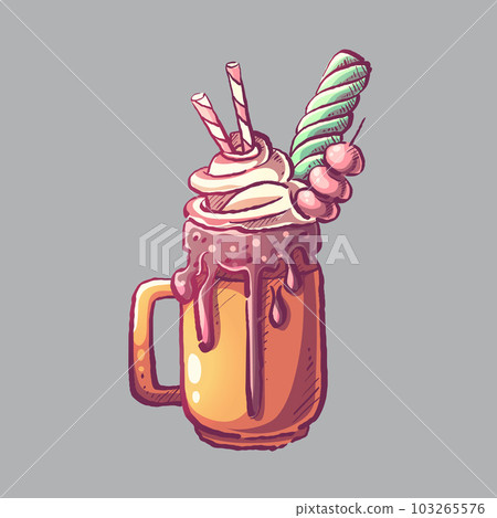 Vanilla ice-cream with creamy pink straws, cherries and chocolate syrup in glass 103265576