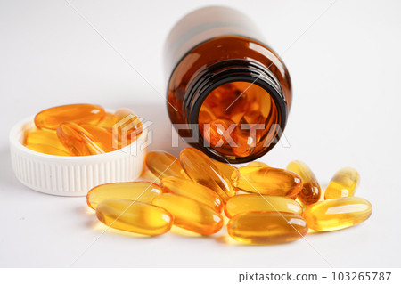 Fish oil or Cod liver oil gel in capsules with omega 3 vitamins, supplementary healthy food 103265787