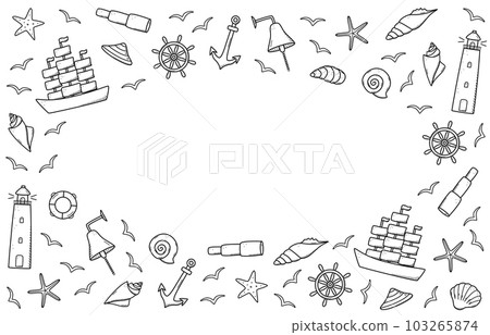 Sea set of elements, doodle icons of sea life. Ship telescope shells, lifebuoy anchor steering wheel bull, lighthouse and seagulls. Vector illustration, symbols of sailors or pirates. 103265874