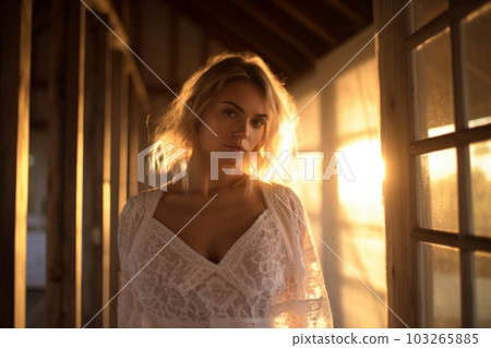 A stunningly beautiful blond woman, with white sheer lace nightgown standing in a wooden chalet. Generative AI 103265885