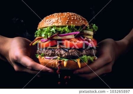 A dynamic shot of a hand holding a Portobello mushroom burger, with ingredients falling gracefully from above, highlighting the burger's flavorful and appetizing nature. Generative AI A dynamic shot of a hand holding a Portobello mushroom burger, with ingredients falling gracefully from above, highlighting the burger's flavorful and appetizing nature. Generative AI 103265897