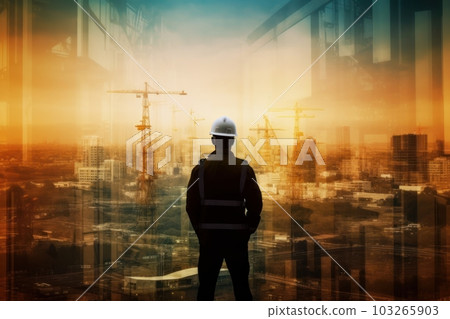 The double exposure image of the engineer standing back during sunrise overlay with cityscape image. The concept construction and future. Generative AI 103265903