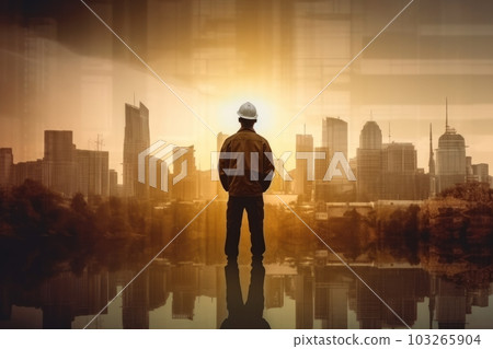 The double exposure image of the engineer standing back during sunrise overlay with cityscape image. The concept construction and future. Generative AI 103265904
