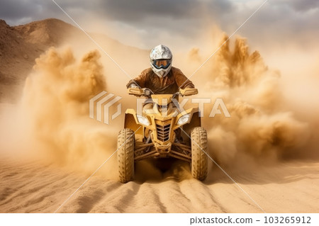 ATV quad in dust cloud with desert on background. Biker rider in action. Generative AI 103265912