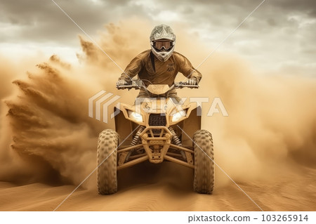ATV quad in dust cloud with desert on background. Biker rider in action. Generative AI ATV quad in dust cloud with desert on background. Biker rider in action. Generative AI 103265914