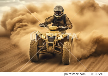 ATV quad in dust cloud with desert on background. Biker rider in action. Generative AI ATV quad in dust cloud with desert on background. Biker rider in action. Generative AI 103265915