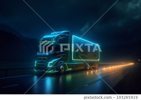 A self-driving truck depicted as a guardian of the road, with a majestic presence and a glowing aura. The image represents the power and reliability of autonomous trucking technology. Generative AI A self-driving truck depicted as a guardian of the road, with a majestic presence and a glowing aura. The image represents the power and reliability of autonomous trucking technology. Generative AI 103265919