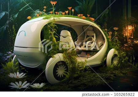 A self-driving car merged with elements of nature, such as leaves, flowers, and vines. Concept harmony between technology and the environment, eco-friendly transportation. Generative AI A self-driving car merged with elements of nature, such as leaves, flowers, and vines. Concept harmony between technology and the environment, eco-friendly transportation. Generative AI 103265922