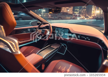 A close-up shot of the self-driving car's interior, showcasing the advanced dashboard display and comfortable seating. Concept convenience and comfort that self-driving cars can offer. Generative AI A close-up shot of the self-driving car's interior, showcasing the advanced dashboard display and comfortable seating. Concept convenience and comfort that self-driving cars can offer. Generative AI 103265934