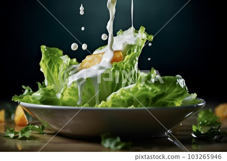 A dynamic image capturing the process of tossing an iceberg salad in a bowl. The motion of the salad ingredients creates a sense of energy and freshness. Generative AI A dynamic image capturing the process of tossing an iceberg salad in a bowl. The motion of the salad ingredients creates a sense of energy and freshness. Generative AI 103265946
