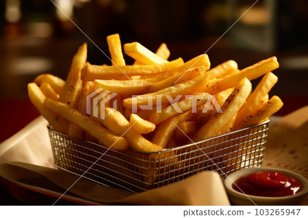 Serving basket filled with golden and perfectly crispy French fries. The lighting is warm and inviting, highlighting the texture and mouthwatering appearance of the fries. Generative AI Serving basket filled with golden and perfectly crispy French fries. The lighting is warm and inviting, highlighting the texture and mouthwatering appearance of the fries. Generative AI 103265947