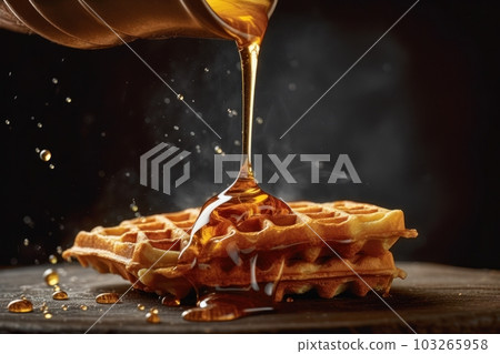 A dynamic shot of a hand pouring maple syrup over a perfectly cooked waffle, capturing the moment when the syrup cascades down the edges, creating a mouthwatering visual. Generative AI 103265958