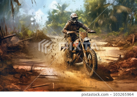 Motocross in mud cloud with forest on background. Biker rider in action. Generative AI 103265964