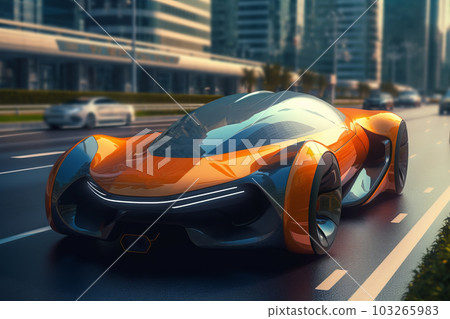 Futuristic Self-Driving sport car moving on a highway in a modern city. Generative AI Futuristic Self-Driving sport car moving on a highway in a modern city. Generative AI 103265983