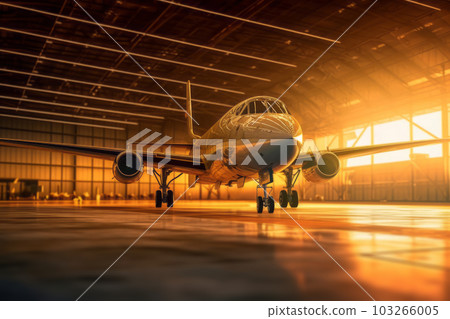 Low angle view of a jet parked in a hangar at sunset. Generative Ai 103266005