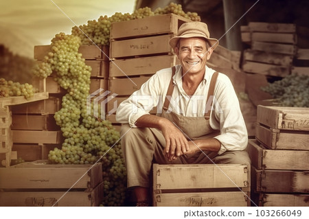 Photo of a happy vineyard owner leaning on a stack of wooden boxes full of grapes while smiling. Generative AI Photo of a happy vineyard owner leaning on a stack of wooden boxes full of grapes while smiling. Generative AI 103266049