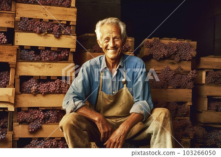 Photo of a happy vineyard owner leaning on a stack of wooden boxes full of grapes while smiling. Generative AI Photo of a happy vineyard owner leaning on a stack of wooden boxes full of grapes while smiling. Generative AI 103266050