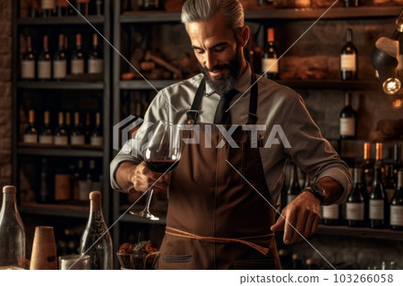 Photo of a male sommelier in a brown apron standing in the cellar and pouring wine into a glass. Generative AI 103266058