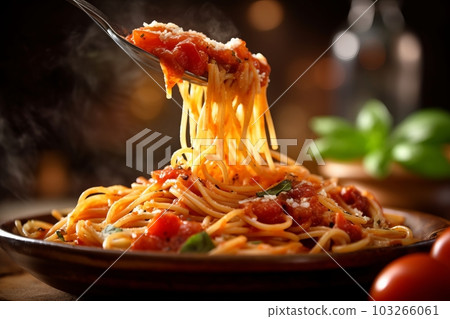 A close-up image of pasta spaghetti Amatriciana being twirled around a fork, showcasing the texture and presentation of the dish, while the ingredients are visible in the background. Generative AI A close-up image of pasta spaghetti Amatriciana being twirled around a fork, showcasing the texture and presentation of the dish, while the ingredients are visible in the background. Generative AI 103266061