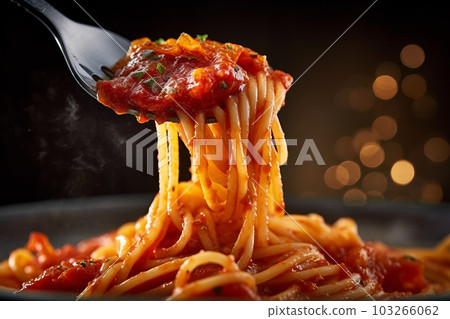 A close-up image of pasta spaghetti Amatriciana being twirled around a fork, showcasing the texture and presentation of the dish, while the ingredients are visible in the background. Generative AI A close-up image of pasta spaghetti Amatriciana being twirled around a fork, showcasing the texture and presentation of the dish, while the ingredients are visible in the background. Generative AI 103266062