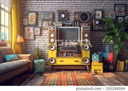 A retro living room setup with a hi-fi system consisting of a cassette player, equalizer, and speakers, surrounded by vintage posters and colorful decor. Generative AI 103266094