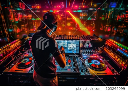 A DJ mixing music on a vintage DJ setup, complete with turntables, mixers, and colorful disco lights, capturing the energetic atmosphere of eighties parties. Generative AI A DJ mixing music on a vintage DJ setup, complete with turntables, mixers, and colorful disco lights, capturing the energetic atmosphere of eighties parties. Generative AI 103266099