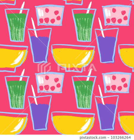 Hand drawn seamless pattern with plates bowls cups. Yellow purple green kitchenware on pink background, kitchen glassware, menu cooking container food luch, colorful design. Hand drawn seamless pattern with plates bowls cups. Yellow purple green kitchenware on pink background, kitchen glassware, menu cooking container food luch, colorful design. 103266264
