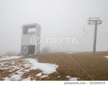 Square lookout tower at Bozi Dar town in Krusne hory mountains 103266435