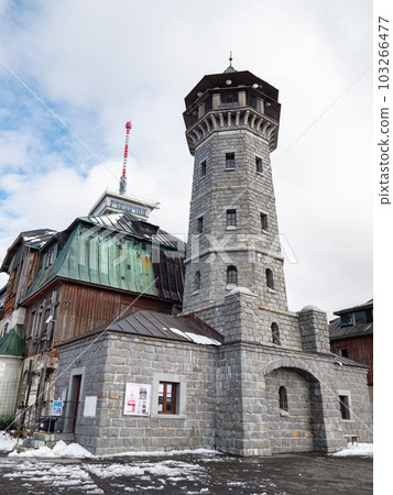 Old stony viewtower at the peak of Klinovec in the Ore Mountains 103266477