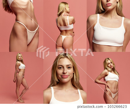 Collage made of images of beautiful, young, blonde woman with fit, slim body posing in white underwear against pink studio background 103266623