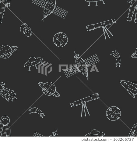 Cosmos doodle is a set of vector illustrations. Seamless pattern icons of space elements rocket cosmonaut stars satellite telescope comet 103266727