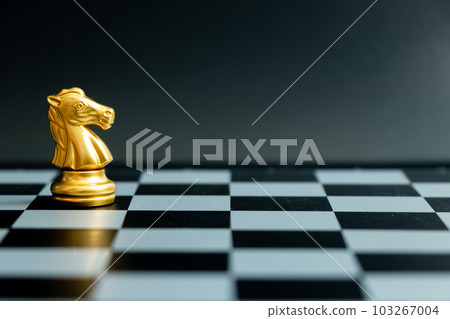 Gold knight chess piece stand on black background (Concept for leadership, unique) 103267004