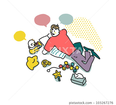 A father lying down and having a happy conversation with his baby Illustration material A father lying down and having a happy conversation with his baby Illustration material 103267276