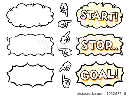 Start, stop, goal text thick line comic style balloon finger icon set 103267346